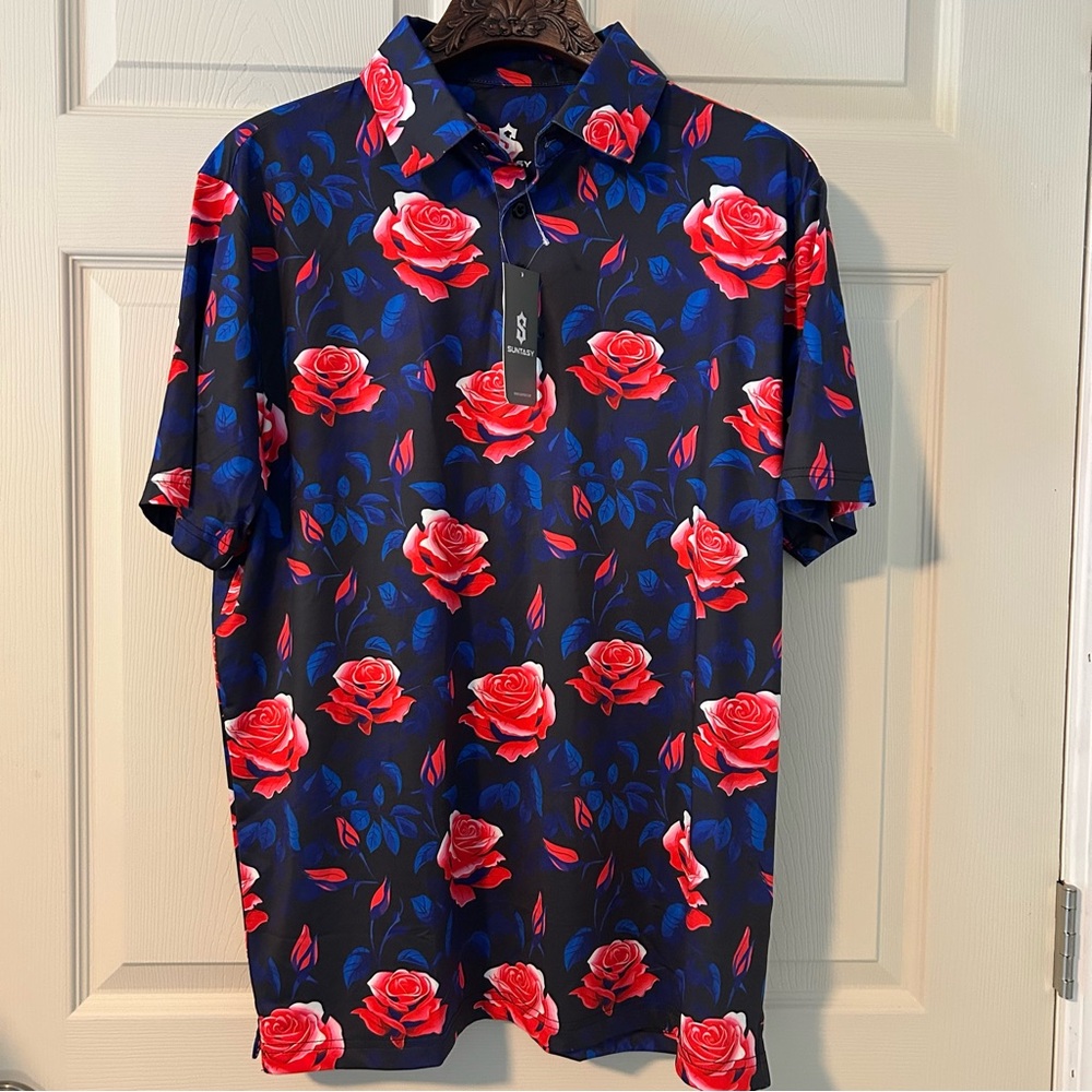 New Mens Large Dry Fit Golf Polo, Midnight Rose design.